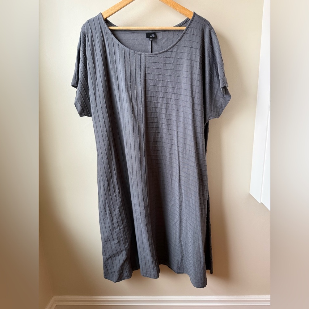 LISA BAYNE Tunic Dress Lagenlook Gray Ribbed Minimalist Boho Cotton‎ Granola L